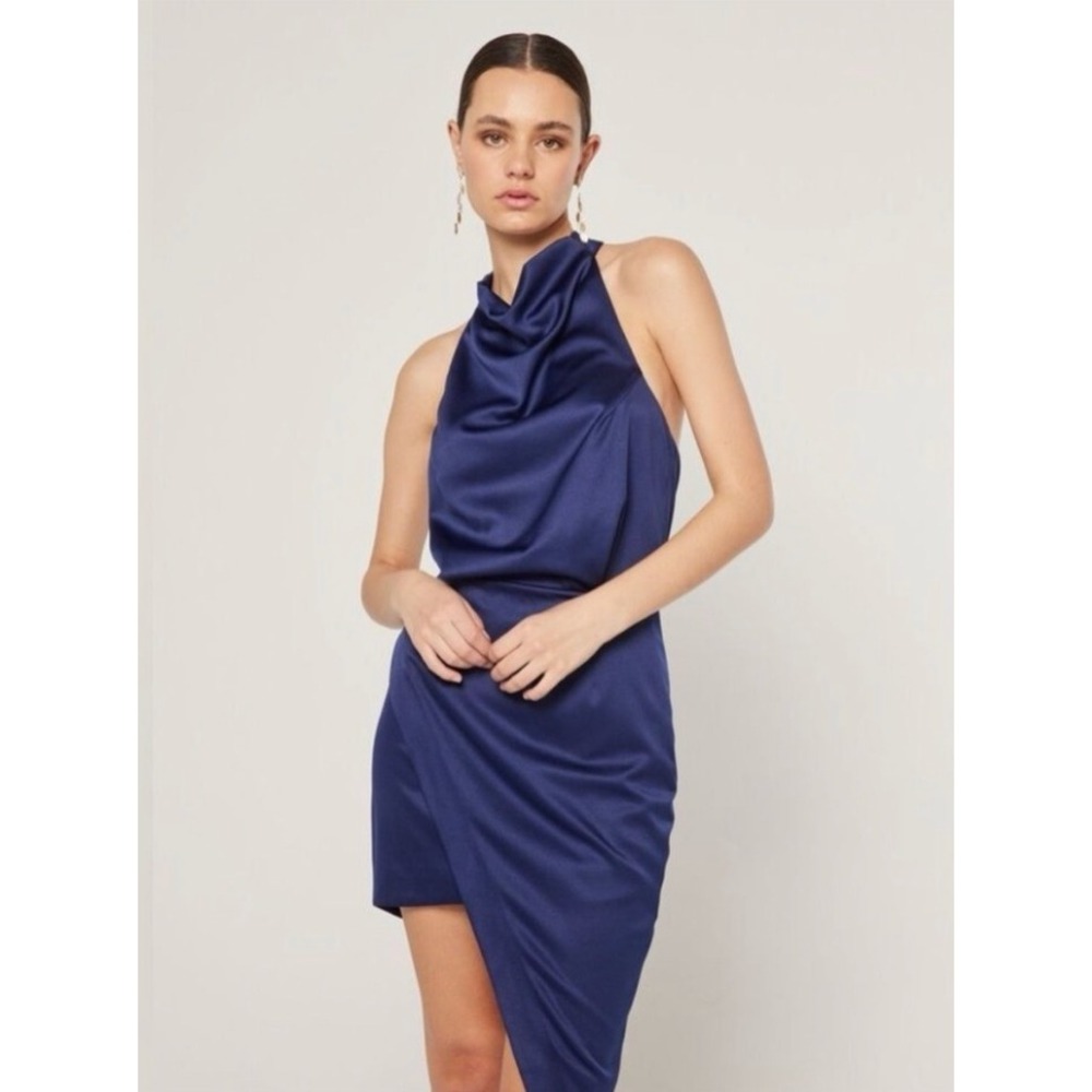 Elliatt Womens Navy Blue Draped Cowl Neck Halter Open Back Cocktail Dress Large